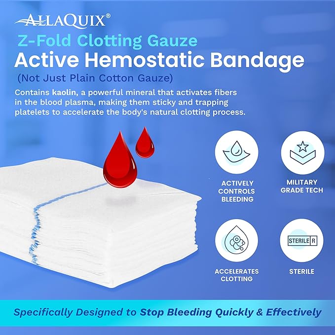 Advanced Kaolin Hemostatic Bandage – Sterile Z-Fold Clotting Gauze (3 in. x 3.3 ft) | Stops Bleeding Fast for Emergency, Trauma, First Aid, and Survival Kits (2-Pack)