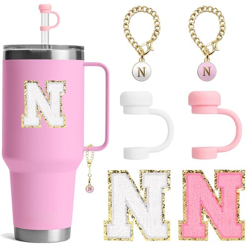 BABORUI 6Pcs Cup Accessories for Stanley Cup, Straw Cover Cap for Stanley Water Bottles 20 30 40oz, Initial Charm, Letter Cup Stickers for Stanley(N)
