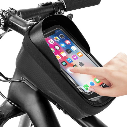 Wellehomi Bicycle Bag, 1L Waterproof Bike Frame Bag with 2-in-1 Design, TPU Transparent Touch Screen & Sun-Visor, Compatible with Phones Under 6.8 Inches, Bike Accessory