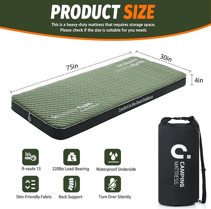 Self Inflating Sleeping Pad, 4in Ultra-Thick Foam Camping Cot Mattress with Air Pump Sack, Sleeping Mat for Adults Inflatable Camping Pad Mattress, Cot Bed, Travel, Car, Tent, Home, Army Green