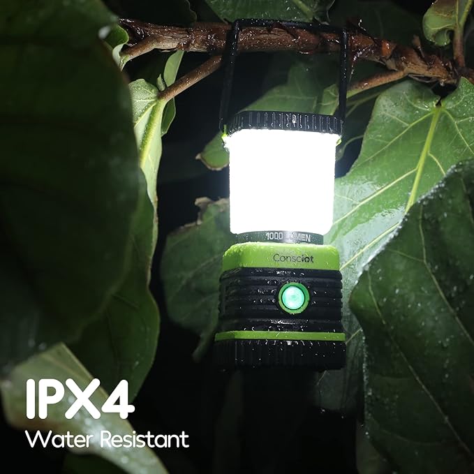 LED Camping Lantern Rechargeable, Consciot Camping Lights, 1000LM, 4 Light Modes, 4400mAh Power Bank, IPX4 Waterproof Tent Lights, Dimmable Flashlight for Emergency, Power Outages, USB Cable Included