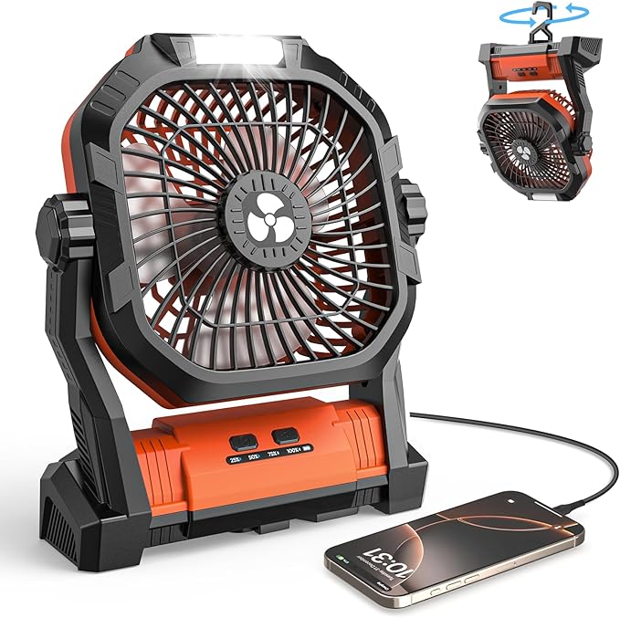 Camping Fan 27000mAh with LED Lantern - Cordless Portable Fan 8 inch USB C Battery Operated Rechargeable Powered Ventilador with Hanging Hook - 250° Rotating 4 Speed Personal Fans for Travel Camping