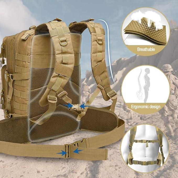 EMDMAK Military Tactical Backpack, 42L Large Military Pack Army 3 Day Assault Pack Molle Bag Rucksack