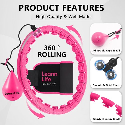 Leann L!fe U2-26 Knots 19”- 56”, Weighted Hula Hoop for Adults Weight Loss, Infinity Hoop Plus Size, Child Adult Home Outdoors, Abdominal Toner, Pink