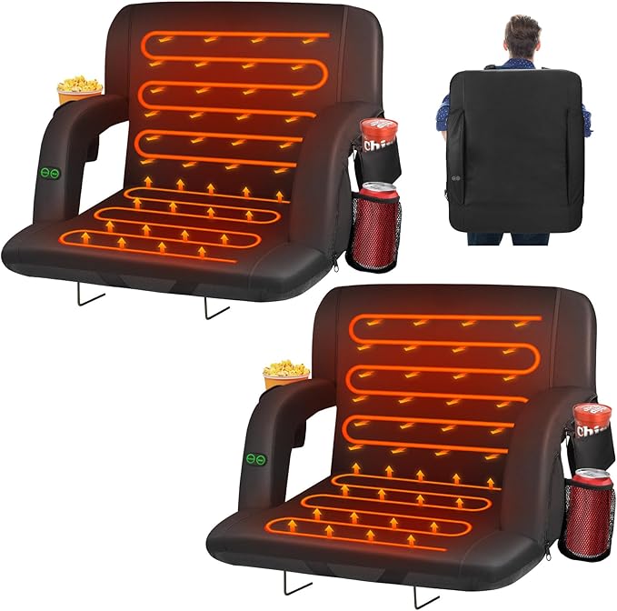 HOPERAN 2pcs Dual-Sided Heated Stadium Seats for Bleachers with Back Support, 3 Levels Heating Stadium Seating for Bleachers Seat with Backrest, 5 Pockets Portable Stadium Chair for Outdoor