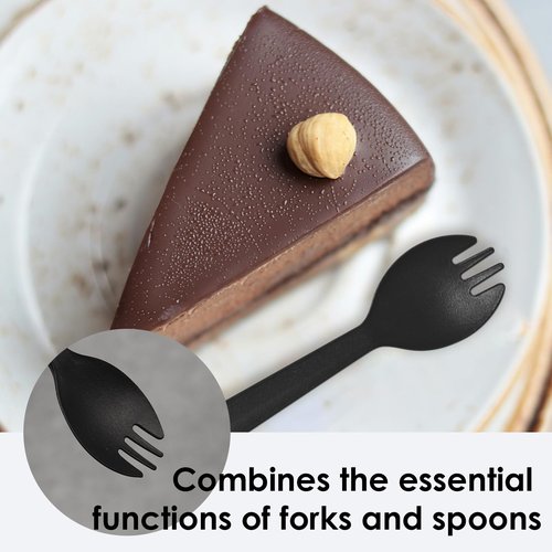 Mini Plastic Sporks Disposable Individually Wrappe, Black Forks and Spoons 2 in 1 Small Utensils 4.3" 100 PCS