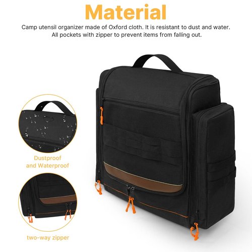 ORKELS Camping Organizer Hanging Tactical Camping Cookware Bag – Utensil Organizer with Towel Holder & Multiple Pockets for RV, Tent, Camper, Grilling
