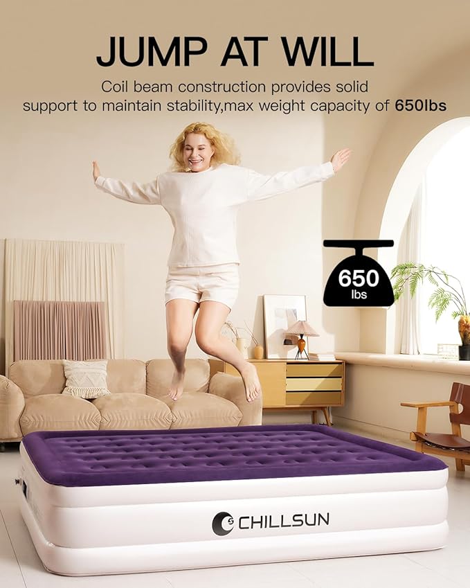 CHILLSUN Queen Air Mattress with Built in Pump, 2025 Upgraded Blow Up Mattress, 18" Luxury Flocked Top Airbed, Inflatable Mattress for Camping Guests and Home 650 lbs Max