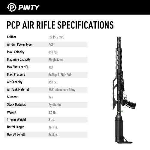 PINTY PCP Pellet Gun Air Rifle, 5.5 mm .22 Caliber Pellet Air Rifle for Adults, Single Shot PCP Air Gun, High Power Airgun with 850 fps Velocity & Picatinny Rail for Hunting Shooting Games