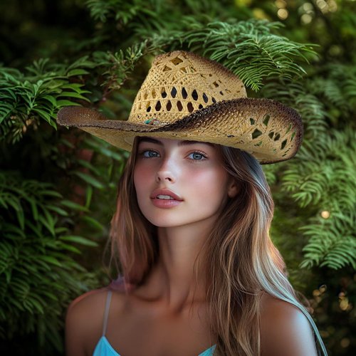 Men's Women's Western Straw Cowboy Hat, Cowgirl Sun Beach Hat with Two Decorative Bands and a Hair Band, Wide Brim Brown