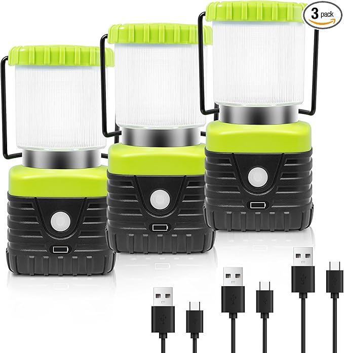 3PCS 6500K White Light LED Camping Lantern Rechargeable 1000LM, 4500mAh Power Bank, Flashlight for Hurricane Emergency, Hiking, IP44 Waterproof Lantern(Green)