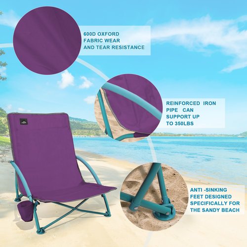 Northroad Low Folding Beach Chair,Portable Lightweight Lowback Sling Chair, Outdoor Low Seat Camping Chair w/Cup Holder & Carry Bag for Sand Camping Lawn Picnic Festival,Purple