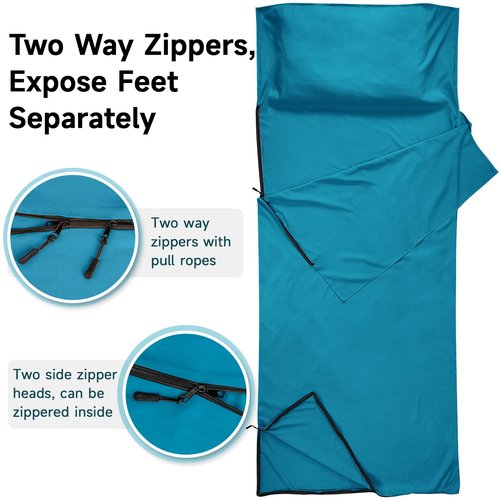 VVAYHUA Satin Sleeping Bag Liner, Ultralight Travel Sheets for Hotel & Self Tan Sleep Sack with Two Way Zippers, Silky Camping Sheets for Backpacking Hiking Business Trips (Blue)