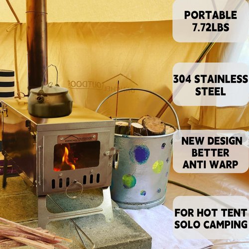 DANCHEL OUTDOOR S6 Portable Folding Hot Tent Camping Stove, 304 Stainless Steel Small Tent Wood Stove with 7.2ft Pipe for Winter Survival,Cooking, Backpacking