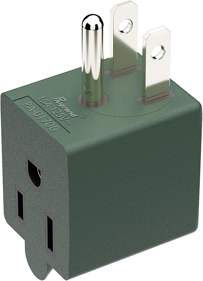 90 Degree Adapter Downward Angle USA 3-Prong Male-Female Adapter,90 Degree Angled USA Male Female Power Adapter, 5-15P to 5-15R Direction Changer Space Save Adapter Green PA-0170DG