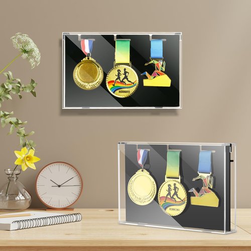 Cosmos Acrylic Medals Display Case, 3-Medal Wall Mounted Display Box Award Organizer Frame for Sports Medals, Military Ribbons & Marathon Badges, Athletic Trophy Showcase, Shadow Box, Memorabilia