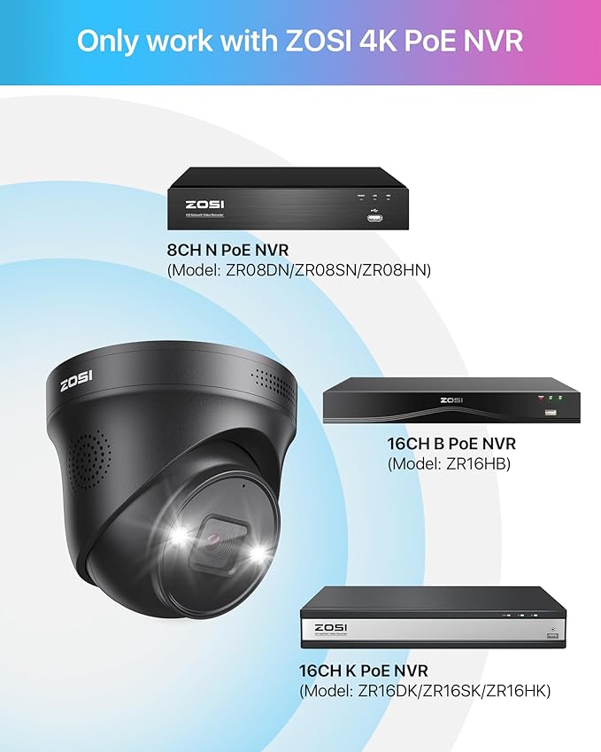ZOSI 4K PoE Add On Camera,Person Vehicle Detection, Color Night Vision, Sound & Light Siren, Two Way Audio, 8MP Weatherproof Home Security Dome Cam for Outdoor Indoor, Only Work 4K PoE NVR