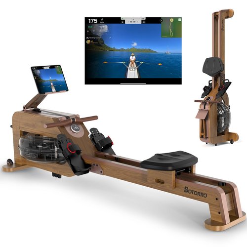 BOTORRO Water Rowing Machines for Home, Rower Machine with 12 Propellers & 28L Large Water Tank, 6-Level Resistance, with Multifunctional Display and Adjustable Stand, Max Load 330LBS