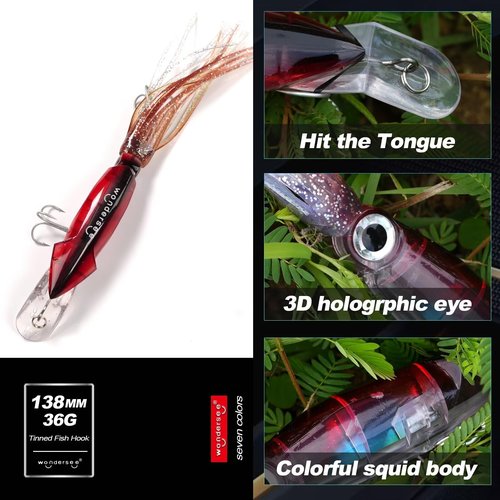 Wondersee Squid Fishing Bait Soft Hard Lures Kit Swimbait Crankbait Jig Simulation Weighted Holographic 4 PCS, Red & Black