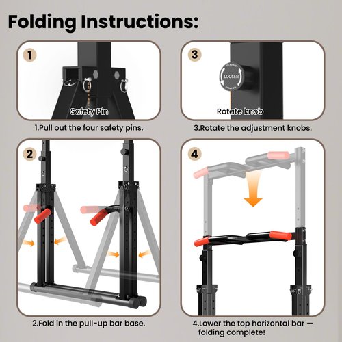 WATBKHE Foldable Power Tower Pull Up Bar Dip Station, Pull Up Bar Standing for Home Gym Adjustable Height, Multi-Functional Workout Equipment Strength Training Machine, Support 460LBS