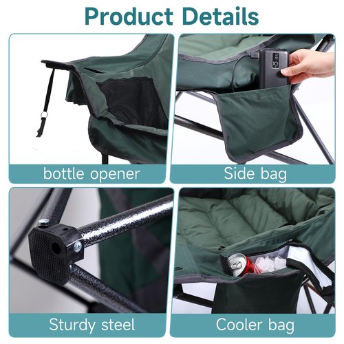 CDEN Heated Padded Chair, Heated Camping Chair, Heated Outdoor Chair, Oversized Camping Chair, with Cooler Bag, Side Bag, Heavy Duty, Power Bank (1 Pack)