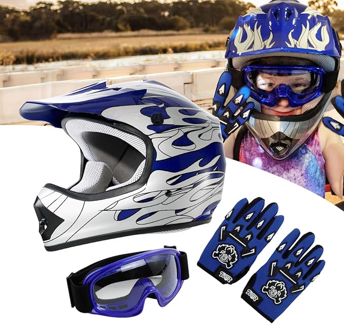 TCT-MOTORPARTS DOT Youth Kids Four Wheeler Riding Helmet Motocross ATV Helmets Offroad Street Dirt Bike Go-Kart BMX MX Full Face Helmet Blue Flame Large Size