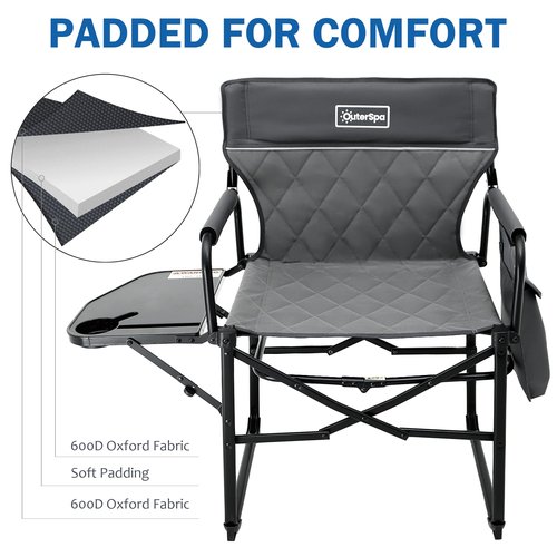 Outerspa Oversized Directors Chairs Heavy Duty Folding Outdoor Chairs with Detachable Side Pocket and Adjustable Side Table for Outside,Lawn,Fishing, Folding Camping Chair up to 350Lbs Capacity (Grey)