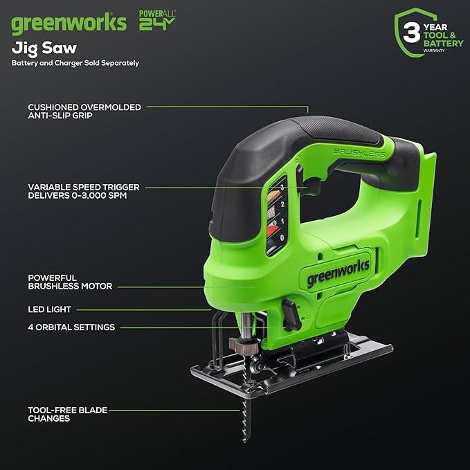 Greenworks 24V Brushless 5 pcs Cordless Power Tool Combo Kit, include Drill Driver, Circular Saw, Jigsaw, Wood Router, Sander, 2 x 2Ah Batteries and Charger