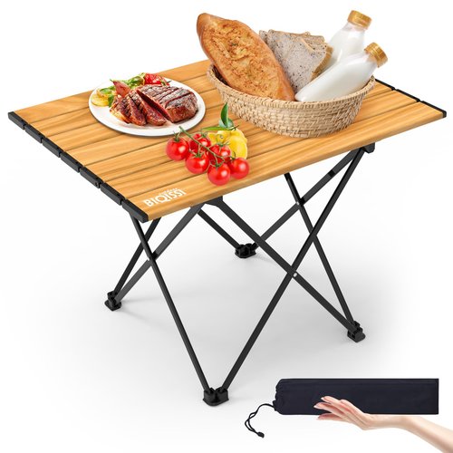 Biqissi Portable Camping Table, Compact Camping Side Table with Carrying Bag, Ultralight Aluminum Beach Table Folding for Hiking, Camping, Picnicking, BBQ, Outdoor Cooking (Wood Medium 22")