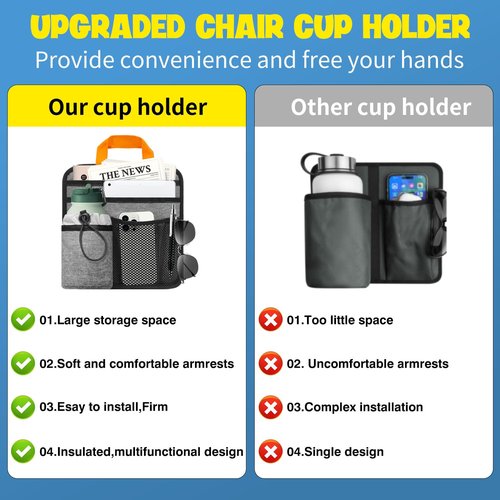 BOHEMIABY Beach Chair Cup Holder Attachment with Insulated Sleeve & 5 Pockets, Adjustable Armrest Organizer Caddy for Lawn Chairs, Camping, Stadium, Office (Grey)