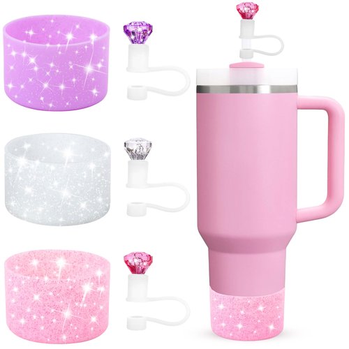 Etyishe Cup Accessories Set for Cup, Including 3 Pcs Glitter Silicone Boot, 3 Pcs Diamond Straw Cover for Cup Accessories, Compatible with Cup 30&40 Oz Tumblers (Pink White Purple)