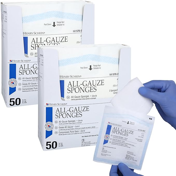 Premium 100% Cotton All-Gauze Sponge 4x4 12 Ply Sterile Square for Wound Care & Home First Aid Kits - 2 Packs (50 /Pack)
