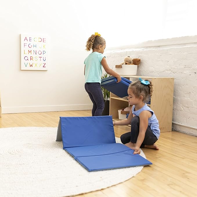 ECR4Kids Everyday Folding Rest Mat, 4-Section, 5/8in, Sleeping Pad, Blue/Grey, 5-Pack