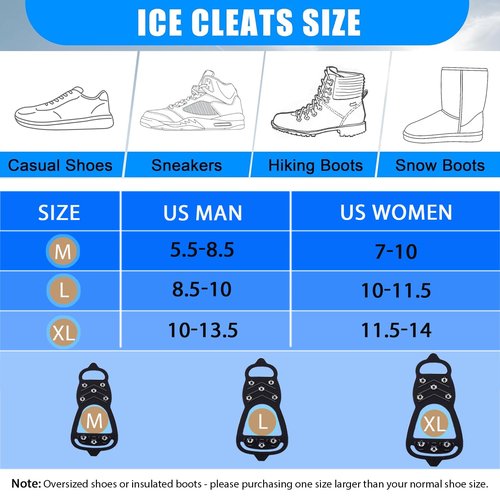 2 Pairs Ice Cleats for Shoes and Boots,Universal 8 Steel Studs Crampon Ice & Snow Grippers for Winter Hiking Climbing Ice Fishing,Anti-Slip Spikes for Shoes