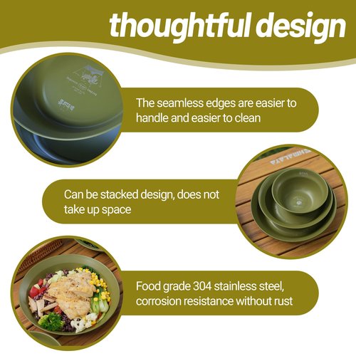 喜马拉雅 Medium Stainless Steel Plate Portable Non-stick Dinnerware for Youth, Adults, Family, Camping, Hiking, Beach, Outdoor Use 7.09 inch Black (5 packs set green)