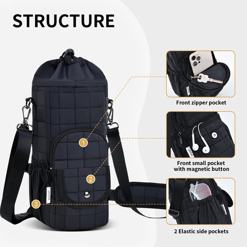 Water Bottle Carrier Bag Insulated with Phone Pocket Quilt Water Bottle Holder Pouch, Daily Use Sling Bag with Adjustable Strap, Large Space for Stanley 40oz Tumbler and Any Other Sports Water Bottle