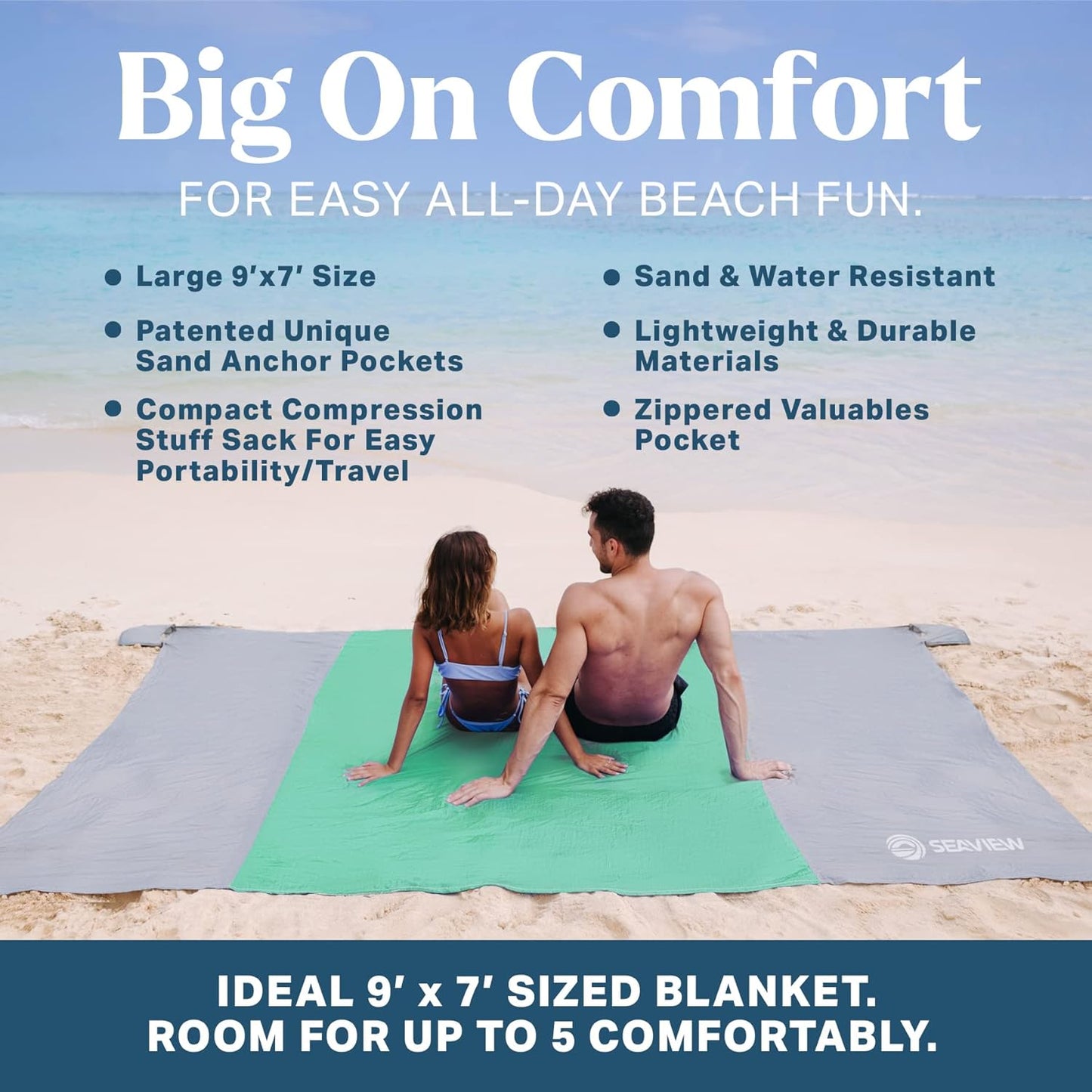 Seaview 180° Beach Blanket Waterproof Sandproof, Extra Large 6"x7" Sand Free Beach Mat for 1-6 Adults, Oversized Outdoor Blanket with 4 Sand Pockets, Portable Lightweight Packable - Picnic Mat