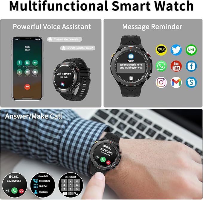 Military Smart Watch with GPS, Pressure/Altitude/Compass, Rugged Smartwatch for Men with 650mAh Extra-Large Battery, Answer/Make Call, 100+ Sports Mode, Metal Body Fitness Tracker for Android iOS