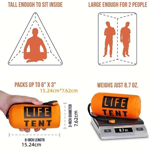 JUBSOSCAMP 1 PCS Emergency Tent, Polyester Film Storm Shelter Survival Shelter with Whistle Drawstring Bag for 2 Person Car Camping, Hiking&First Aid (Orange Suit)