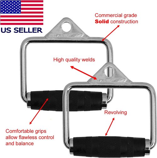 FITNESS MANIAC Heavy Duty Steel Grip Stirrup Cable Metal Silver D Handle Home Gym Crossover Cable Attachments Machine Bar Workout Training