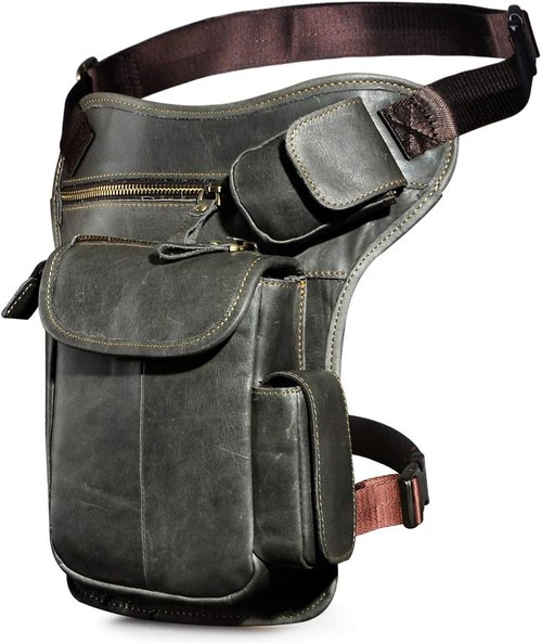 Le'aokuu Mens Genuine Leather Motorcycle Hiking Belt Waist Hip Bum Pack Drop Leg Bag Pouch 3106