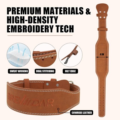 Leather Weight Lifting Belt, Weightlifting Belt for Men & Women, 4'' Wide Padded Lumbar Back Support, 10 Adjustable Holes, Gym Fitness Belt, Squat Belt, Deadlift Belt, BREWIDAR Workout Belt for Powerlifting with Carry Bag