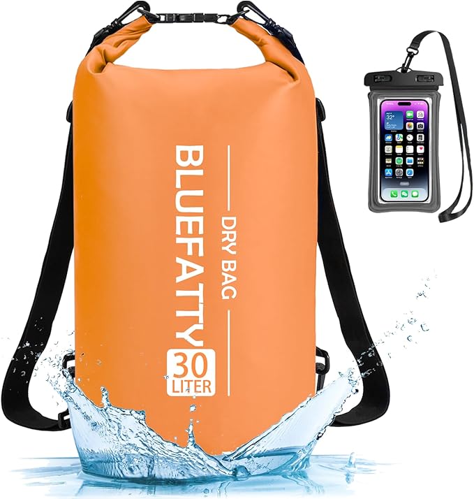 Waterproof Dry Bag Floating Roll Top Dry Backpack for Kayaking, Rafting, Boating, SUP, Fishing with IPX8 Waterproof Phone Case, Orange, 30L