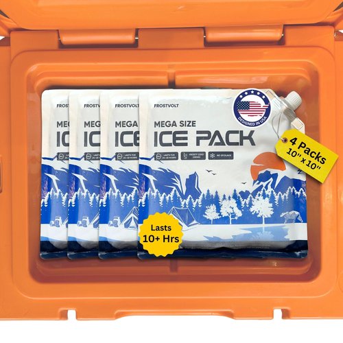 Frostvolt Reusable Ice Packs for Cooler and Lunch Boxes (MEGA Size x 4) Up to 24-48 Hours Freezer Packs | 10 x 10 Inch | Lunch Box and Cooler Long Lasting Ice Packs, Beach Trip Must Haves