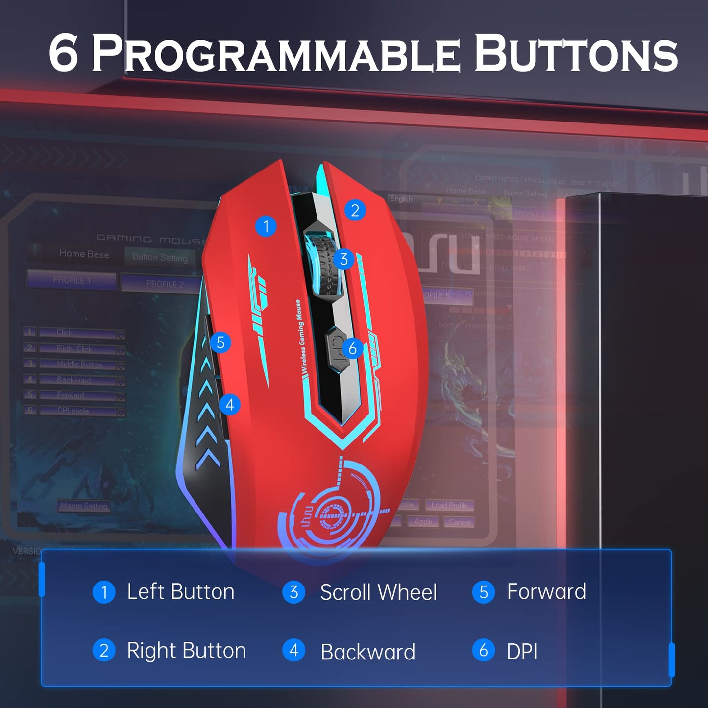 UHURU Wireless Gaming Mouse Up to 12000 DPI, Rechargeable USB-C Wireless Mouse with 7 Buttons 7 Dynamic LED Color Ergonomic Programmable MMO RPG for PC Laptop, Compatible with Windows Mac