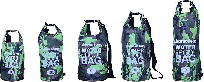 Waterproof Dry Bag Combo 5-30L Roll Top Dry Storage Bag Backpack for Kayaking Boating Beach Camping Travel Fishing, w/Phone Case & Collapsible Water Bottle & Sunglasses & Ear Band,Green 15L