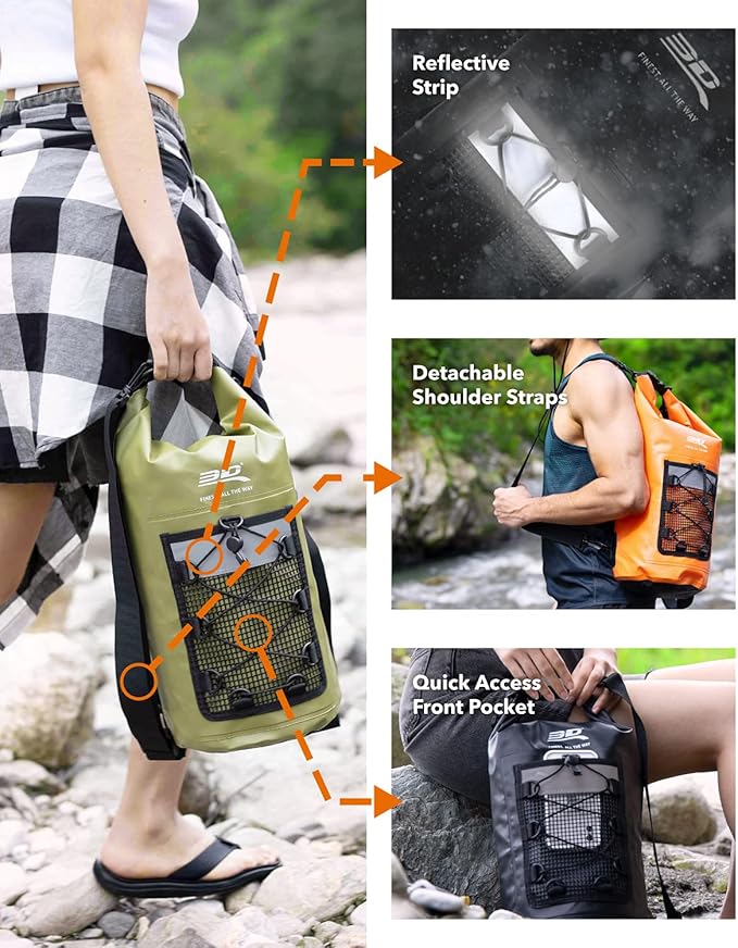 3D MAXpider Roll Top Dry Bag Backpack 30L, Waterproof Lightweight Floating Marine Drybag - Detachable Straps, Mesh Front Pocket - Travel, Hiking, Fishing, Swimming, Boating, Kayaking, Camping (Black)