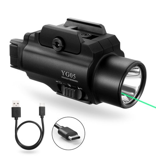 YOUNGOOD 2500 High Lumens Pistol Laser Light Combo, Tactical LED Flashlight, Adjustable Picatinny Rail Mount Airsoft Handgun Green Laser Weapon Llights, Type-C Rechargeable SIG Gun Flashlights