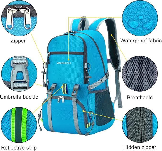 WEREWOLVES 20/35L Lightweight Hiking Backpack, Ultralight Water Resistant Packable Daypack for Women Men