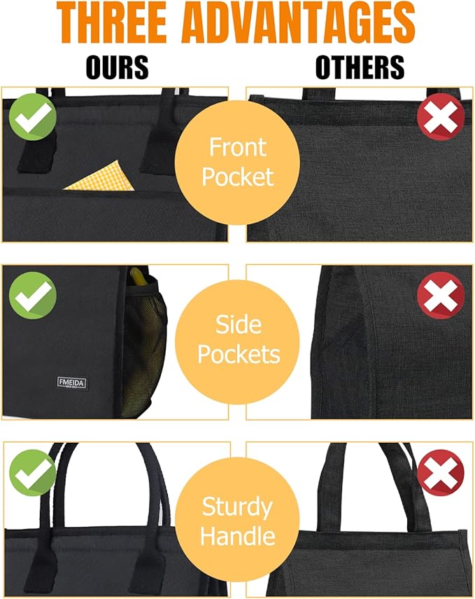 Fmeida Insulated Lunch Bag - Thermal Black with Side & Interior Pockets, Reusable Adult Lunch Tote for Women, Men, Office, Work, College, Beach, Travel